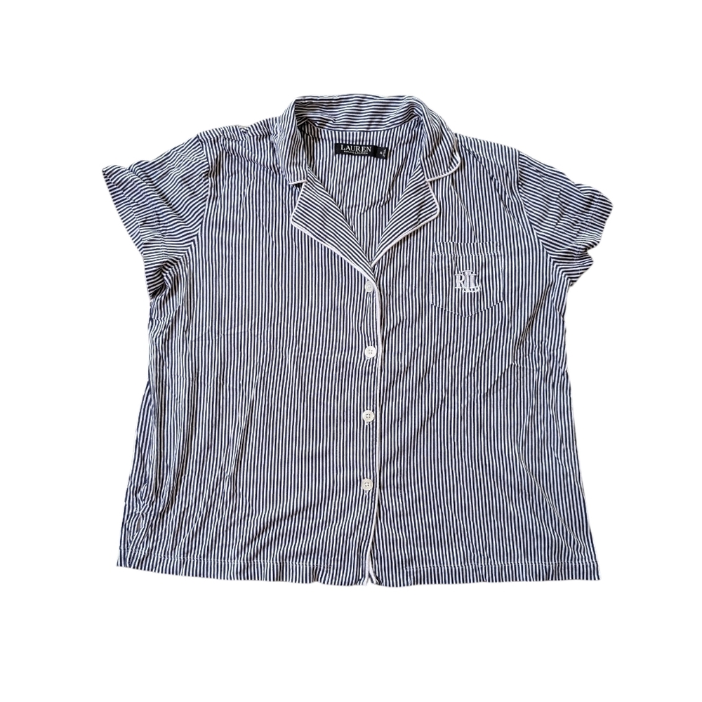 Lauren Ralph Lauren Striped Button-Up Pajama Set - Navy & White XL - Picture 3 of 9